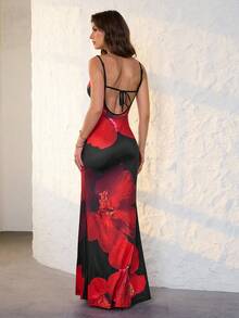SHEIN Tall Váy ôm sát bodycon họa tiết hoa gợi cảm, dây buộc mảnh dành cho nữ, váy maxi họa tiết hoa Hawaii cho bãi biển, kỳ nghỉ, tiệc tùng, buổi hẹn hò thanh lịch, kỳ nghỉ xuân, trang phục bohemian, váy ôm sát - màu đen - Xem 2