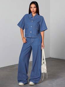 SHEIN 少女纯色水洗深蓝色牛仔衬衫翻领短袖上衣夏季牛仔办公室装学院风女孩秋季衬衫，开学女孩上衣，适合学校、返校节 - 中等水洗藍 - 查看 6