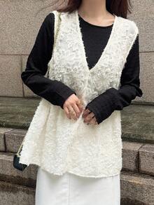 FRIFUL 女士V领纹理面料宽松无袖背心外套 白色网纱背心 白色蕾丝背心 叠层背心 白色泡泡袖背心 女式外套 - 米色 - 查看 2