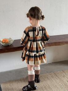 SHEIN Girls' Vintage Plaid Long Sleeve Dress, Brown White Black Color Block Ribbed Texture Ruffle Hem Princess Dress, Autumn/Winter Fall - Multicolor - View 6