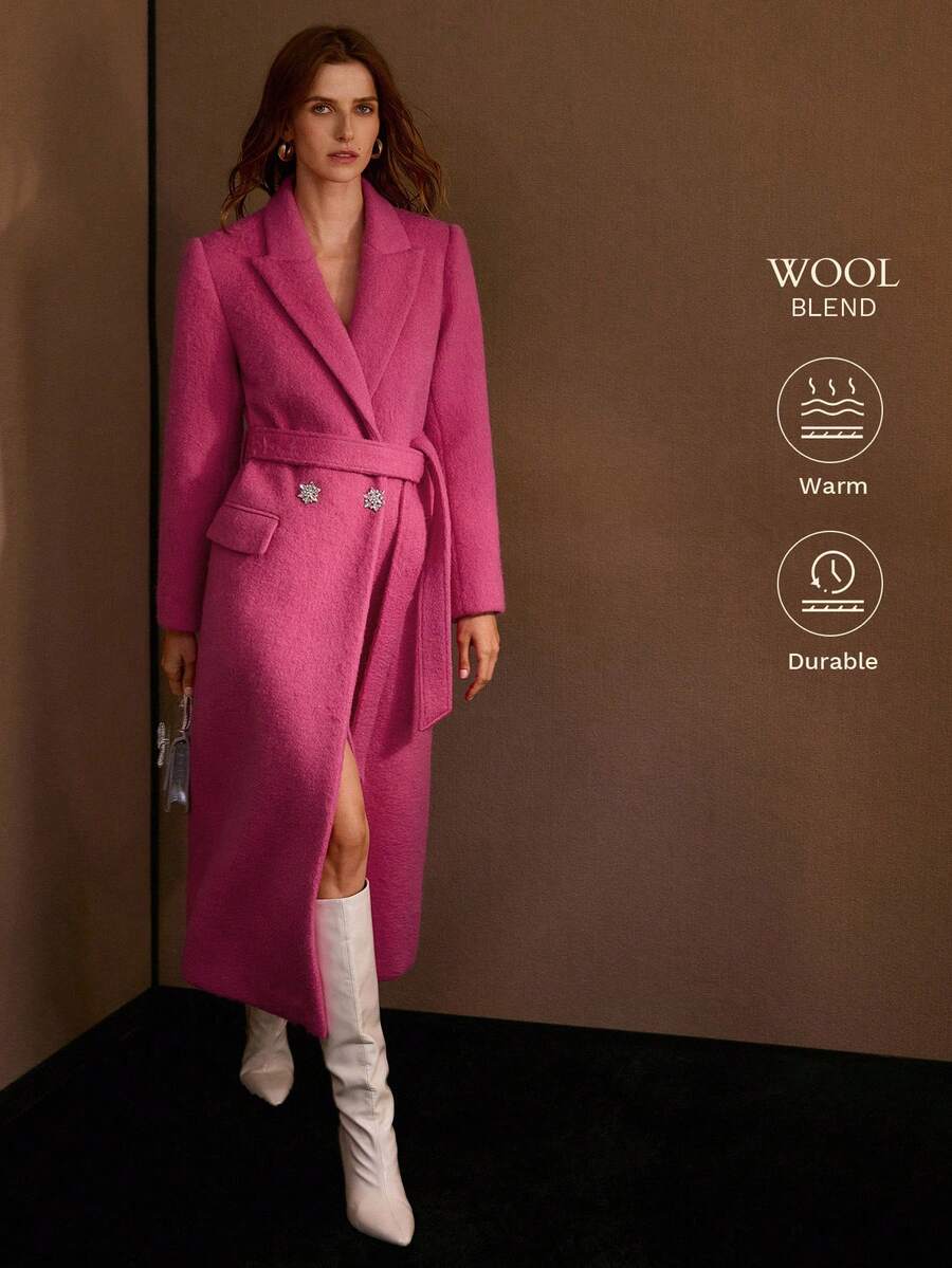 MOTF PREMIUM WOOL PEAK COLLAR RHINESTONE PLACKET BELTED OVERCOAT - Pink - View 1
