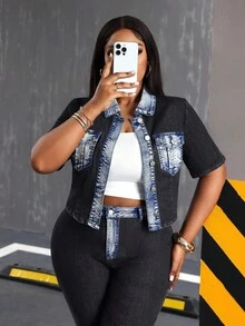 Slaydiva Plus Size Women's Contrast Color Short Sleeve Pocket Design Casual Denim Blouse