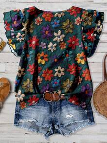 EMERY ROSE 大码女装日常休闲优雅复古度假风热带仿羊毛花卉图案圆领双层小飞袖宽松衬衫，女装夏装，女 - 綠色 - 查看 2