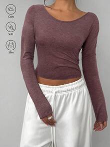 SHEIN BASICS Casual Solid Color V-Neck Long Sleeve Fitted Cropped Women T-Shirt - Coffee Brown - View 5