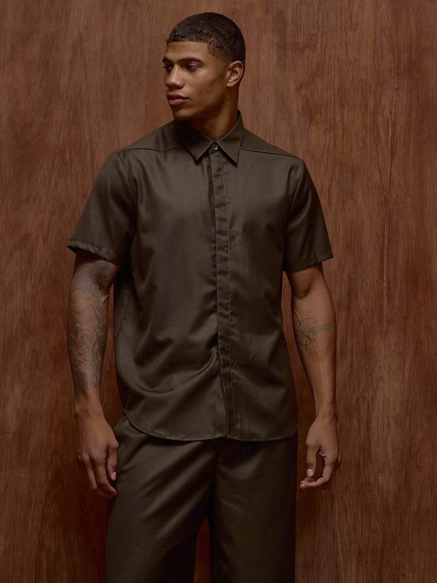 Musero Short Sleeve Collard Button Through Smart Style Hidden Placket Shirt Fall/SPRING SUMMER - Grey - View 1