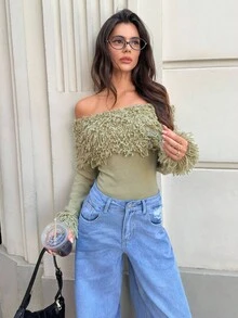 Siren Gaze Autumn/Winter New Distressed Off-Shoulder Fringe Sweater For Women,Christmas Sweater Chic Green Casual Spring - Green - View 6