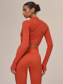 Musera Sport Stitched Seam Zip Up Detail Cropped Long Sleeve Sports Jacket Top, Padel, Tennis, Pickleball Gym Winter - Burnt Orange - View 4
