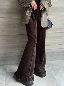 Dazy Tall 女士高挑/长款花卉蕾丝下摆松紧腰优雅丝绒休闲裤 - 鏽棕色 - 查看 2