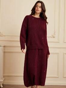 Aveloria Rosie 勃艮第酒红色闪亮亮片混纺休闲优雅百搭长款毛衣和中裙两件套，秋冬 - 酒紅色 - 查看 4
