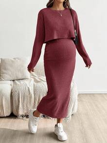 SHEIN Bộ 2 món áo thun trơn cổ tròn tay ngắn và chân váy cho bà bầu - Màu Đỏ Sâu - Xem 4