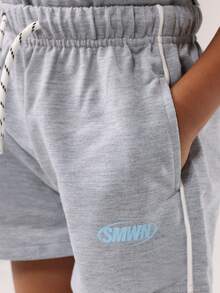 SUMWON 核心系列儿童双层T恤短裤套装 夏季休闲街头风基础款时尚舒适弹力腰抽绳 - 淺灰色 - 查看 7