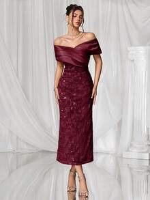 Coutiva 优雅落肩露背果绿色缎面拼接提花亮片下摆直裙后开衩派对礼服，适合生日派对、日常聚会、舞会礼服、鸡尾酒会、毕业典礼、学校开学派对等。