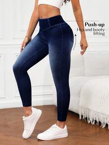 Flexra 女式休闲水洗高腰修身牛仔裤 - 深色水洗藍 - 查看 3