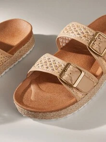 Solecia Women's Straw Woven Round Toe Flat Thick Sole Casual Vacation Beach Holiday Party Afternoon Tea Slip-On Sandals, Apricot - Apricot - View 6