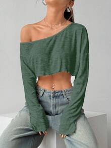 Flirla Top corto asimétrico de hombro de unicolor y sexy - Verde militar - Ver 7