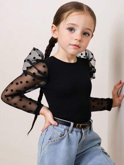 Young Girl Solid Color Round Neck Contrast Mesh Gigot Sleeve Casual T-Shirt,Great For Casual & Daily Wear & School Daily In Autumn & Winter, Halloween,Must-Have, Versatile,Mom And Daughter Matching, Girls Heart Shirts. Girls Long Sleeve Shirts,White For Christmas. Fall