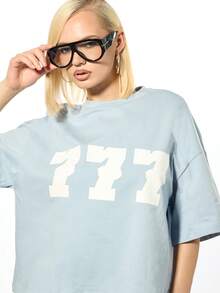 SUMWON WOMEN Oversized Modern Number 777 Graphic Short Sleeve Cotton Tee Relaxed Fit Crew Neck Casual Streetwear Fashion Statement Top For Summer Fall