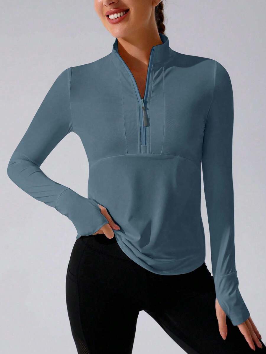 With My Calm Women's Sports Half Zip Long Sleeve Top With Thumb Holes - Blue - View 1