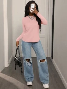 SHEIN LUNE Women's Casual Everyday Versatile Crew Neck Long Sleeve T-Shirts