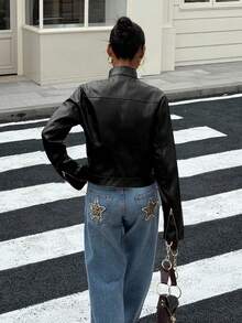 SHEIN EZwear Women's Solid Color PU Leather Zip-Up Casual Fashion Jacket Autumn Winter Clothes For Women - Black - View 2