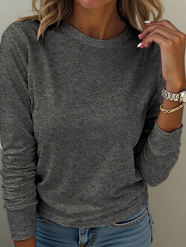 EMERY ROSE A Large-Sized Grey Round-Neck Long-Sleeved T-Shirt, Comfortable And Versatile