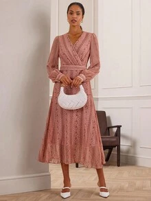 Lilora Vestido Casual Feminino de Manga Longa com Decote em V e Estampa, Comprimento Médio - Rosa Bebê - Visão 8