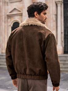 HIMLAND Men's Fleece Casual Drop Shoulder Faux Fur Patchwork Jacket Earthy Plus Fur Men Fur Coat Winter