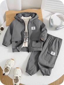 SHEIN 2pcs Baby Boy Autumn/Winter Cute Versatile Blue Jacket With Hood And Elastic Waist Pants Set, Baby Boy Winter Clothes Baby Set Autumn Winter Season Baby Unisex Clothes Sets Baby Boys Outfit Late Fall Baby Boy Casual Set - Grey - View 1