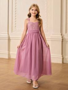 Girls' Lace Patchwork Chiffon Square Neck Wide Strap Sleeveless Dress,Dusty Pink,Summer,Elegant,Wedding Flower Girl Prom Birthday Party Graduation - Red Violet - View 3