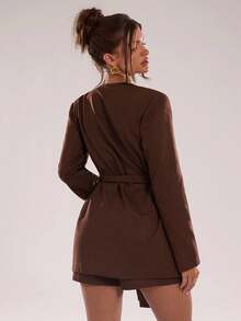 SHEIN BAE Women's Solid Color Regular Shoulder Long Sleeve Crossed Wrap Fashion Blazer,Fall Clothes For Women,Autumn Clothing For Women ,Winter Clothes For Women, Halloween,Christmas,New Year,Brown Suit With Shorts, Casual, Commuting, Brown Two Piece Set Women