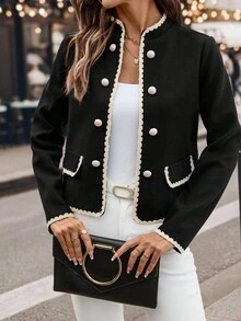 SHEIN Clasi 冬季优雅金属扣装饰修身女士夹克，黑白配色，黑色夹克，秋冬季短款夹克，感恩节秋季时尚单品，舒适秋冬 - 黑色 - 查看 1