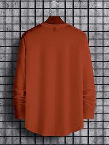 Manfinity Homme Men Burgundy Long Sleeve T-Shirt With Grateful Letter Print Round Neck Regular Fit High Low Hem Business Casual Top, Orange Long Sleeve T-Shirt, Fall - Burgundy - View 2