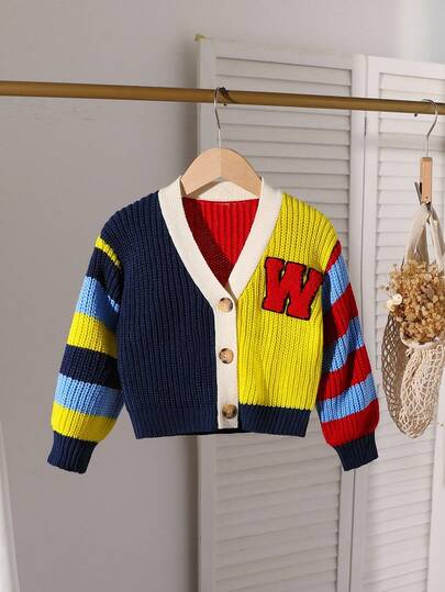 SHEIN Playful Pals Young Girl Casual Color Block Cardigan, Autumn/Winter Fall Kids Vest Sweater Autumn Clothing 3 4years Kid Cardigan Kids Sweaters For Girls Button Kids Knit