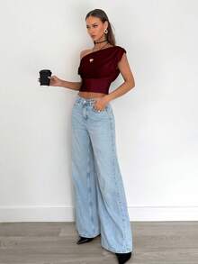 Siren Gaze Áo crop top nhún bèo bất đối xứng thanh lịch màu đỏ tía dành cho nữ, thích hợp mặc mùa hè, mặc hàng ngày - Màu Đỏ Sâu - Xem 5
