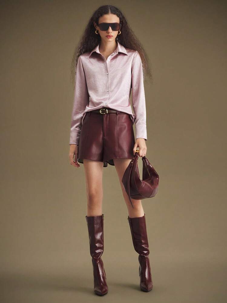 Elegant & Minimalist Style, Light Pink, Satin Material, Lapel Collar, Long Sleeve, Waist Tie, Shell Button, Women's Shirt, Women's Top, Minimalist Design, Everyday Wear, Business Commute, New Collection 2025 Modern Urban Casual Fashion Business Casual Women's Office Wear Low-Key Old Money Style Effortless Temperament High-End Urban Commuting High-Quality Airport Women's Wear High-End Material High-End, Elegant, Old-Fashioned Cruise Clothing Wedding Guest Dress For Women