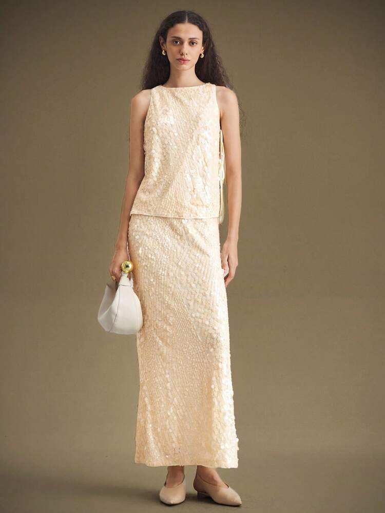 Cream White,Summer,Elegant,Birthday Women's Beaded Top,Sleeveless Round Neck Tie Design Casual & Business Wear,Sparkling Sequins Shiny Fashion Party