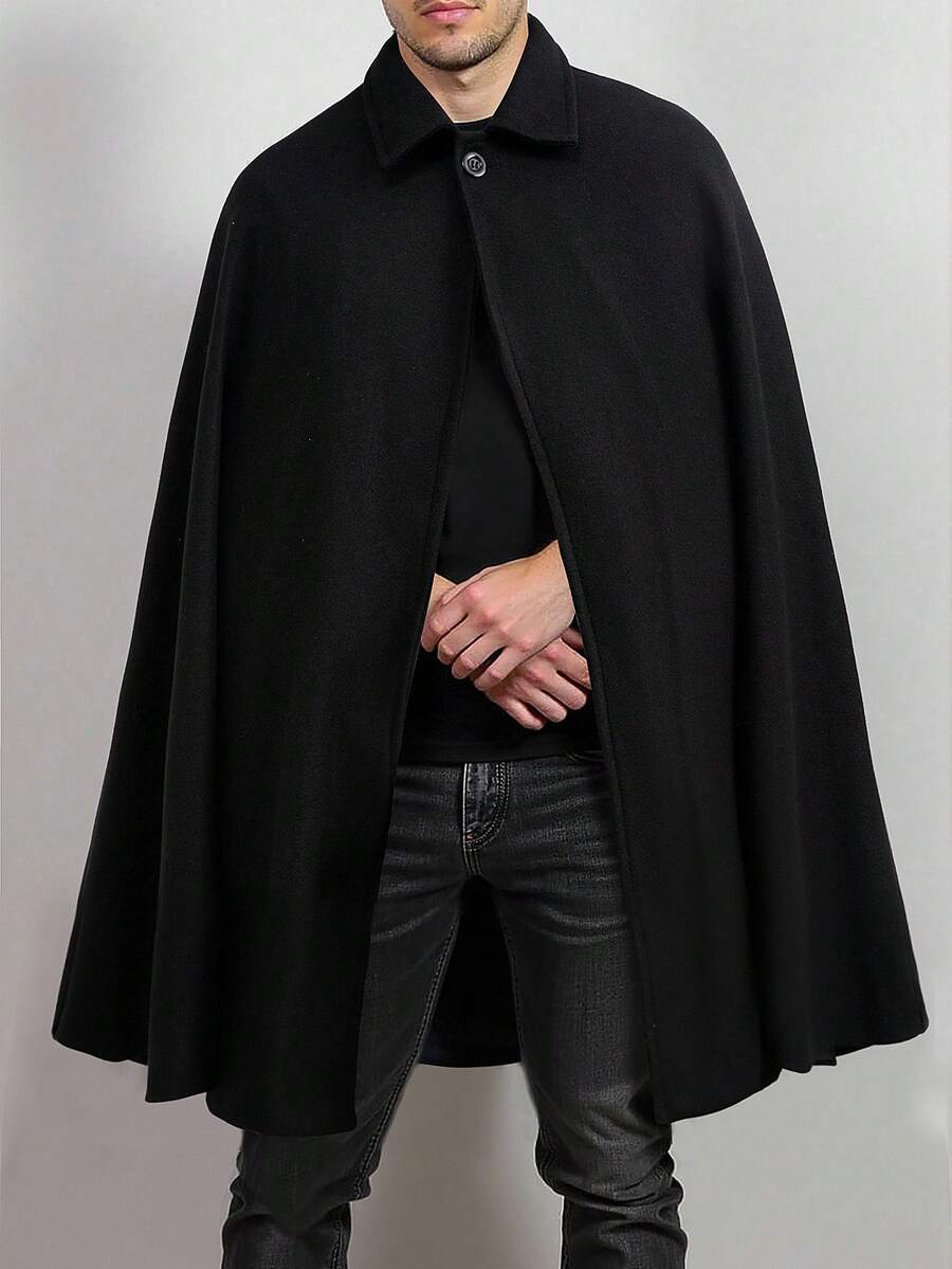 Manfinity Homme Men's Simple Casual Solid Color Single-Button Cape Oversized Overcoat , Fall Winter - Black - View 1