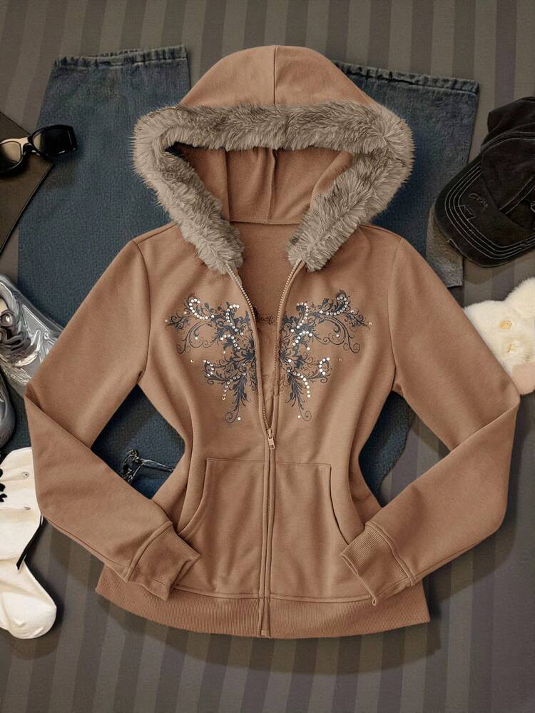 SHEIN EZwear Veste à capuche en fausse fourrure avec motif et strass pour femmes, vêtements d'automne et d'hiver décontractés pour femmes, sweats à capuche pour femmes, vêtements d'automne pour femmes, sweat-shirt à capuche marron pour femmes, sweats à capuche pour femmes