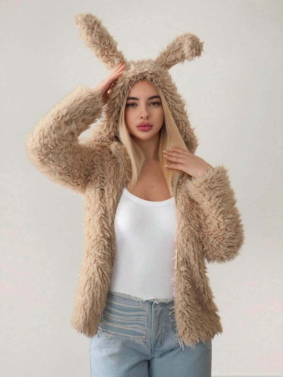 Sweetina 3D Rabbit Ear Faux Fur Jacket Autumn Winter Clothes For Women - Khaki - View 1