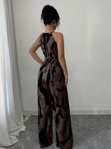 Elenzga 女士印花面料束腰连体裤，优雅度假和日常穿着 - 巧克力棕 - 查看 2