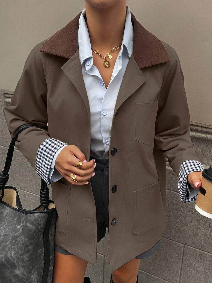 DAZY Women's Casual Contrast Color Windbreaker Jacket, Regular Fit, Autumn Women Coats - Brown - View 1