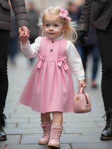 Baby Girl Frill Mock Neck Puff Sleeve White Shirt And Sleeveless Dress With Oversized Bow Decor Set, Elegant Casual Fashion Outfit Fall Winter - Multicolor - View 1