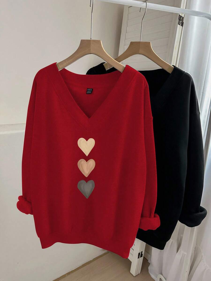 EMERY ROSE 2pcs Plus Size Women Heart Print V-Neck Loose Sweatshirt Set, Suitable For Fall/Winter - Multicolor - View 1