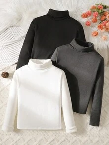 SHEIN Bộ 3 áo thun dài tay cổ cao giữ nhiệt có gân cho bé gái tuổi teen, màu đen/trắng/xám, thích hợp mặc mùa thu/đông. - Nhiều màu - Xem 5