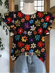 EMERY ROSE Áo sơ mi dáng rộng tay bay cỡ lớn, phong cách cổ điển thanh lịch, trang nhã, họa tiết hoa len giả nhiệt đới, cổ tròn, hai lớp, dành cho nữ, trang phục mùa hè - màu đen - Xem 7