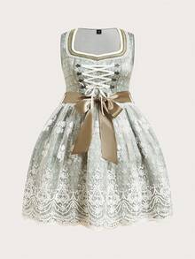 SHEIN Frenchy Dirndl-Kleid in Große Größen für Damen mit aufwendiger Stickerei und Spitze für Oktoberfest - Dunkelgrün - Übersicht 7