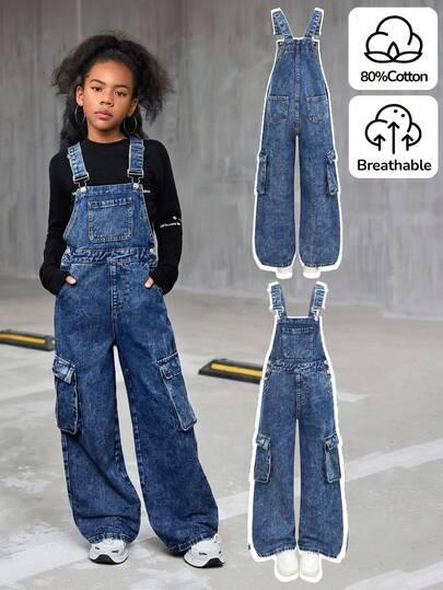 SHEIN Tween Girls Fashion Casual Y2k Vintage Cool Street Returns To School College Street Basic Simple Blue Denim Overalls For Tween Girl Clothes Tween Girls Costume Dailywear And Tween Girl Winter And Fall Rave Outfits Festival And Outfits Streetwear School Clothes