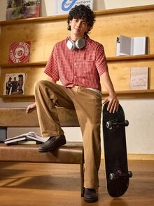 Open Phase STONE DISTRICT 男士复古做旧棕色牛仔裤，宽松直筒低裆休闲裤，牛仔裤，牛仔布，适合秋冬春夏穿着 - 棕色 - 查看 5