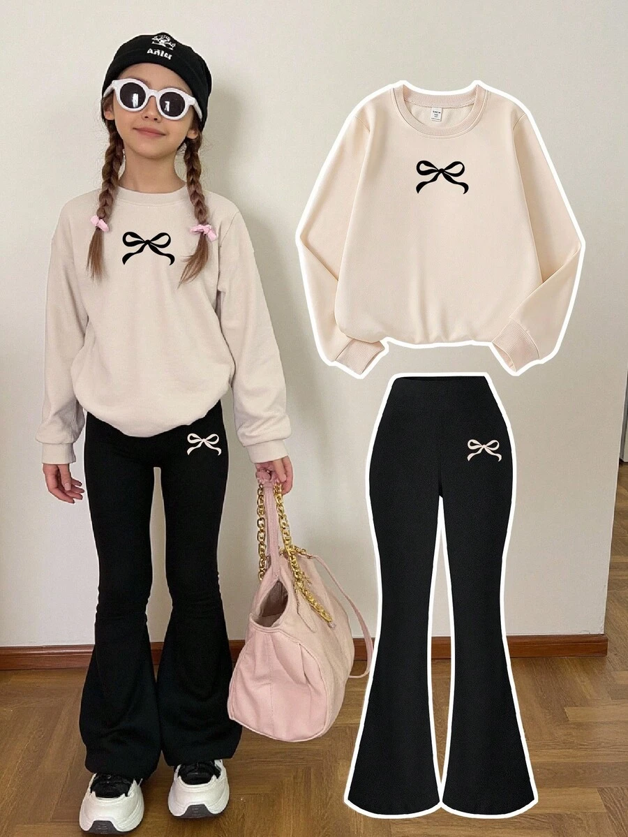 SHEIN 2件組女童黑白蝴蝶結裝飾運動衫與喇叭褲套裝,柔軟可愛返校休閒酷女孩造型,秋冬米色 - 彩色 - 查看 1