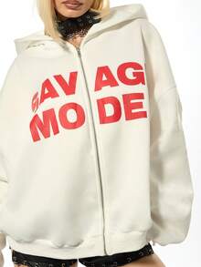 SUMWON WOMEN 醒目文字印花拉链连帽衫，带抽绳和前袋，休闲街头风卫衣 - 白色 - 查看 4